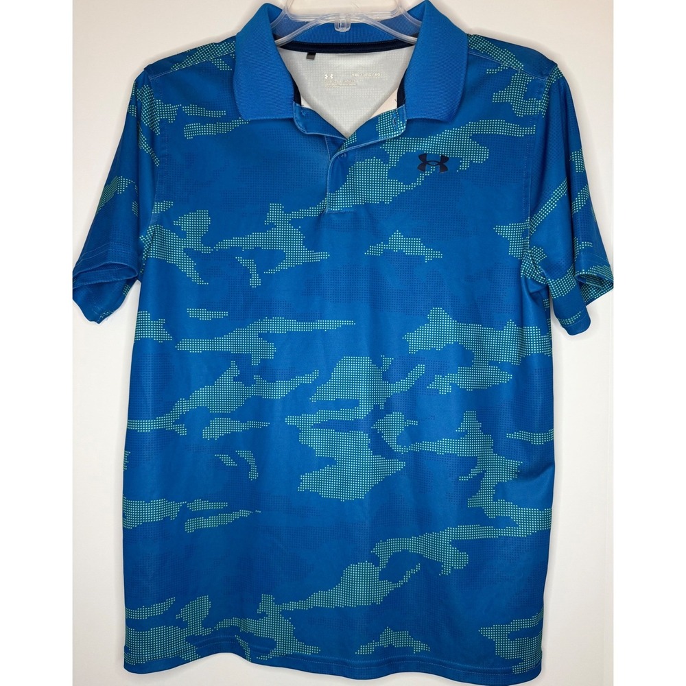 Under Armour Youth XL Blue‎ Green Digital Camo HeatGear Polo Shirt Loose Fit